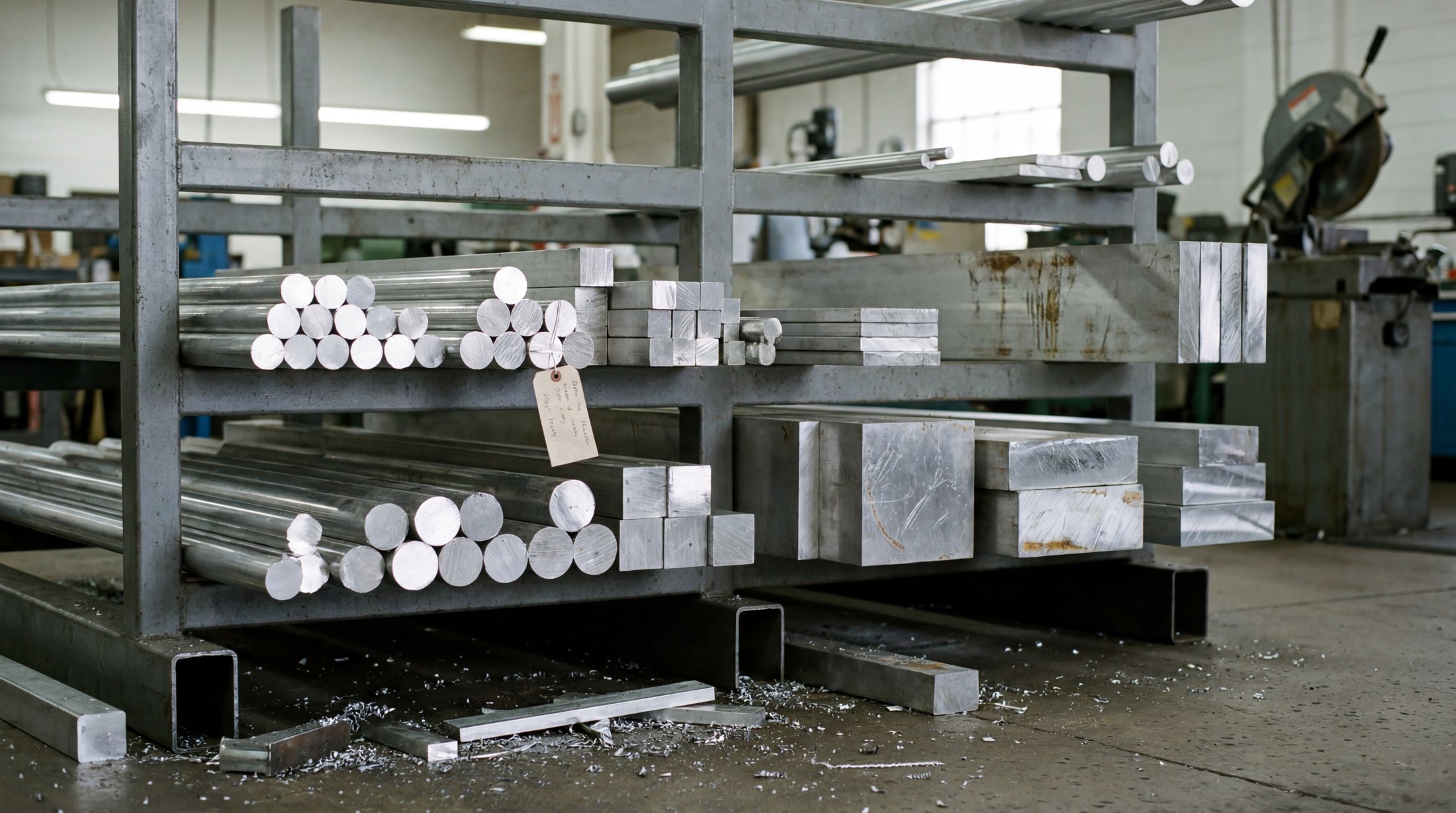 Rack of raw aluminium stock in a machine shop