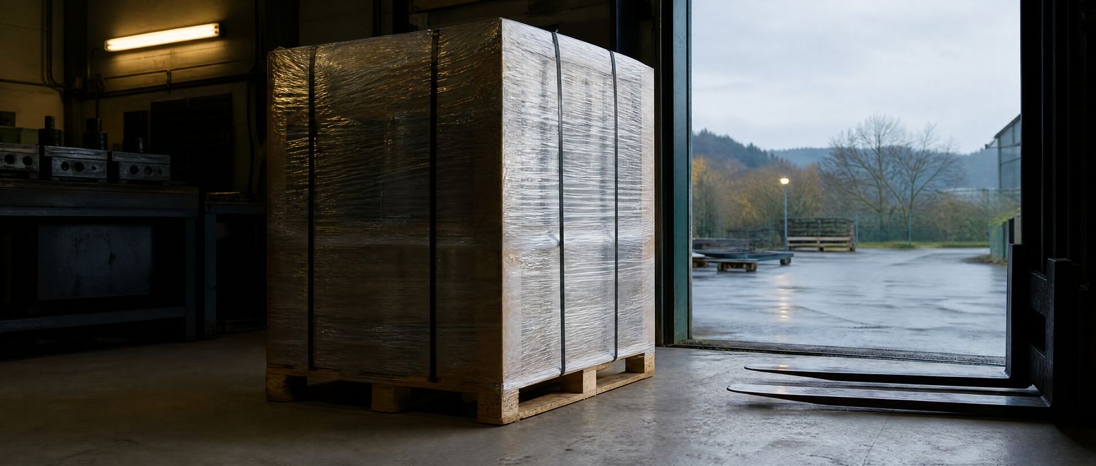 A wrapped pallet of finished parts at the open shop door at dusk, the Bavarian yard beyond